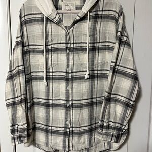 American Eagle Outfitters Plaid Hooded Shirt - Black and Cream